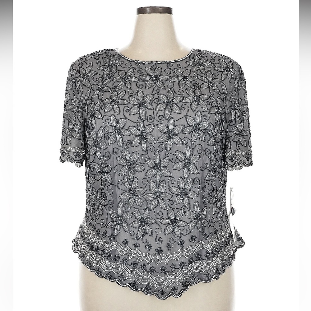 Papell Boutique by Adrianna Papell Silver Grey and Blue Embellished Blouse